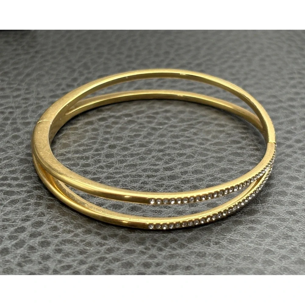 Nordstrom Gold Tone Crossover Bangle Bracelet Clear Cubic Zirconia Hinged